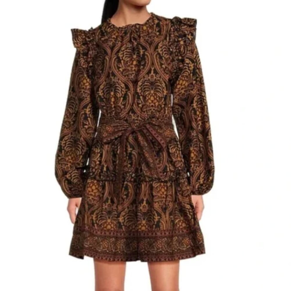 A Loves A Damask Print Voile Ruffle Dress